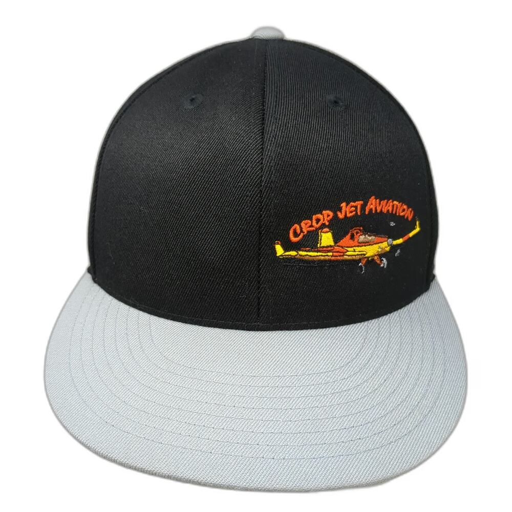 210 Fitted Baseball Cap Black 7 5/8 Flat Brim Crop Jet Aviation Hat Plane Logo